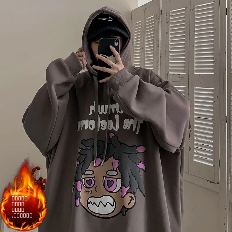 

Мужская утепленная толстовка с капюшоном на флисовой подкладке, зимняя повседневная спортивная одежда, удобная толстовка свободного кроя с мультяшным принтом, молодежный тренд