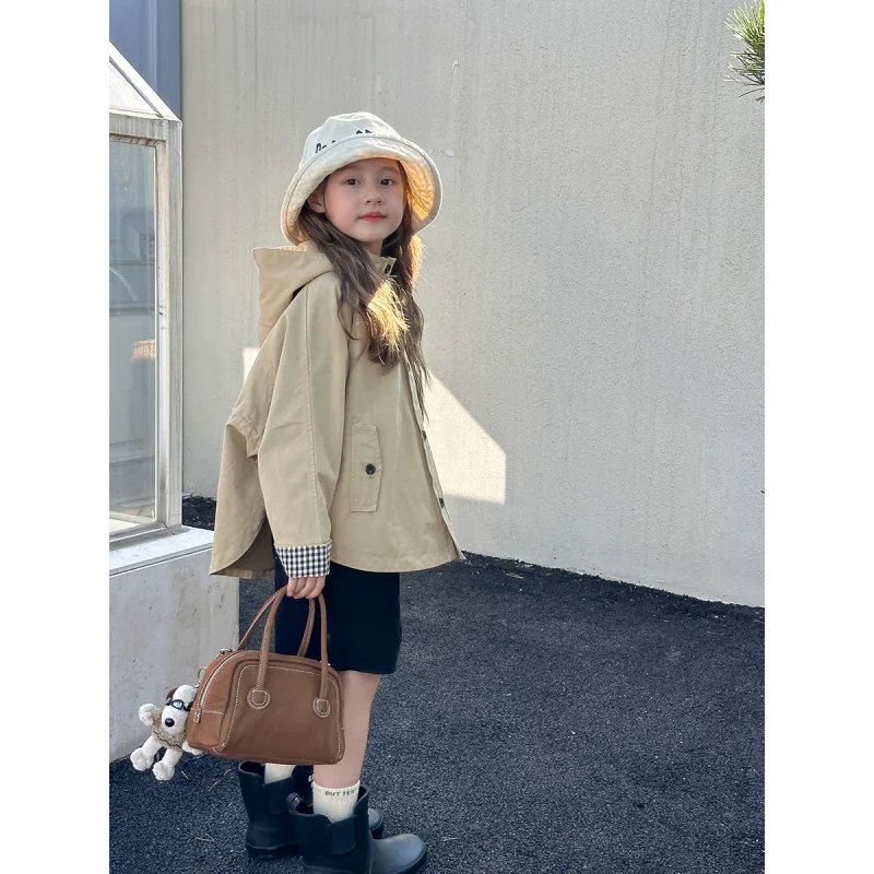 

Child Girl British Style Stitching Plaid Cloak Trench Coat Children's Jacket Stand Collar Hooded Jacket