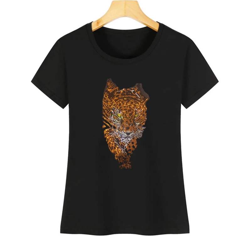 

New Cheetah Fashion Rhinestone hot diamond women's summer short-sleeved casual T-shirt
