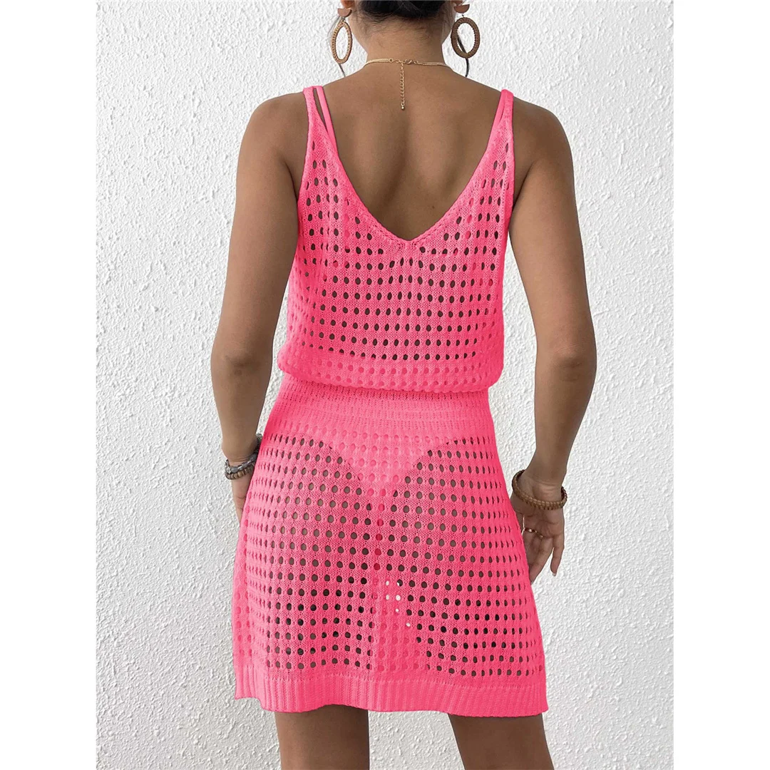 S - XL V-Ausschnitt, ausgestelltes, gehäkeltes Strick-Tunika-Strandkleid, Strandkleid, Mini-Strandkleid, Strandmode, Damen, V7048 – Detail 38