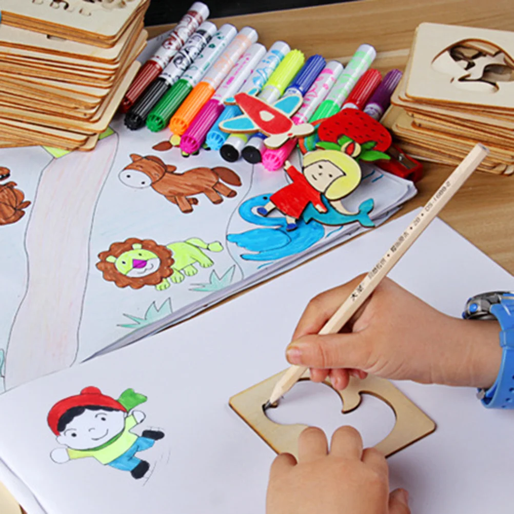 Conjunto de estêncil de desenho infantil de madeira, modelos de pintura, pré-escolar, faça você mesmo, conjunto de colorir com 12 canetas aquarela, caixa de armazenamento para criatividade