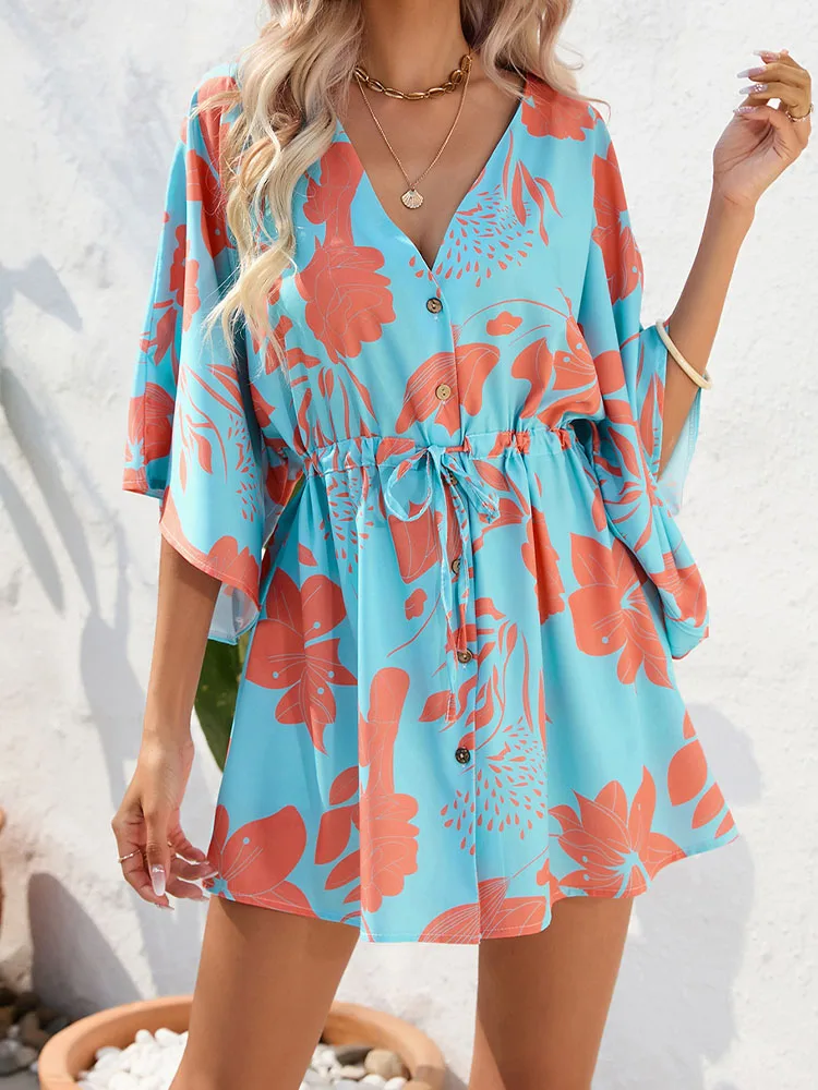 Floral Print Short Dresses Women Summer Short Sleeve V Neck Dress Casual Loose Single Breasted Drawstring Lace Up Beach Dress