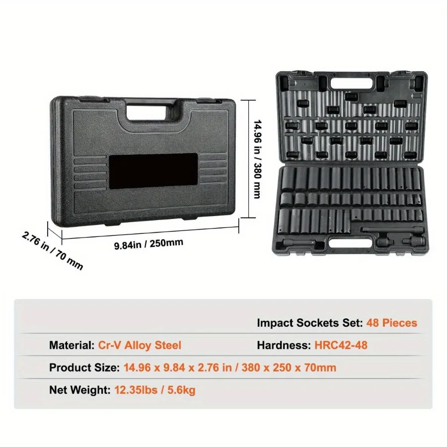 

3 8 Drive Impact Socket Set 48Piece Metric 6Point CrV Alloy Steel Sockets 822mm ImpactRated for Automotive Repair Clearly Marke