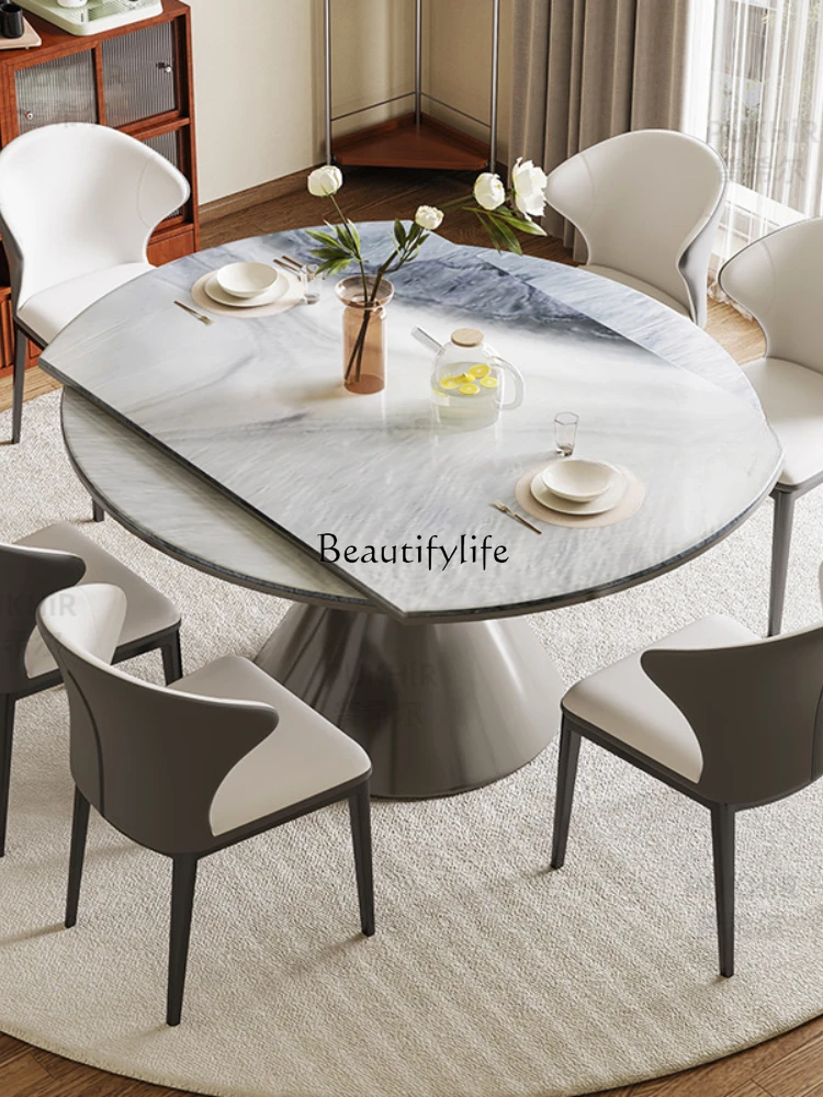 Natural microcrystalline stone retractable round dining table high-end marble high-end Italian light luxury