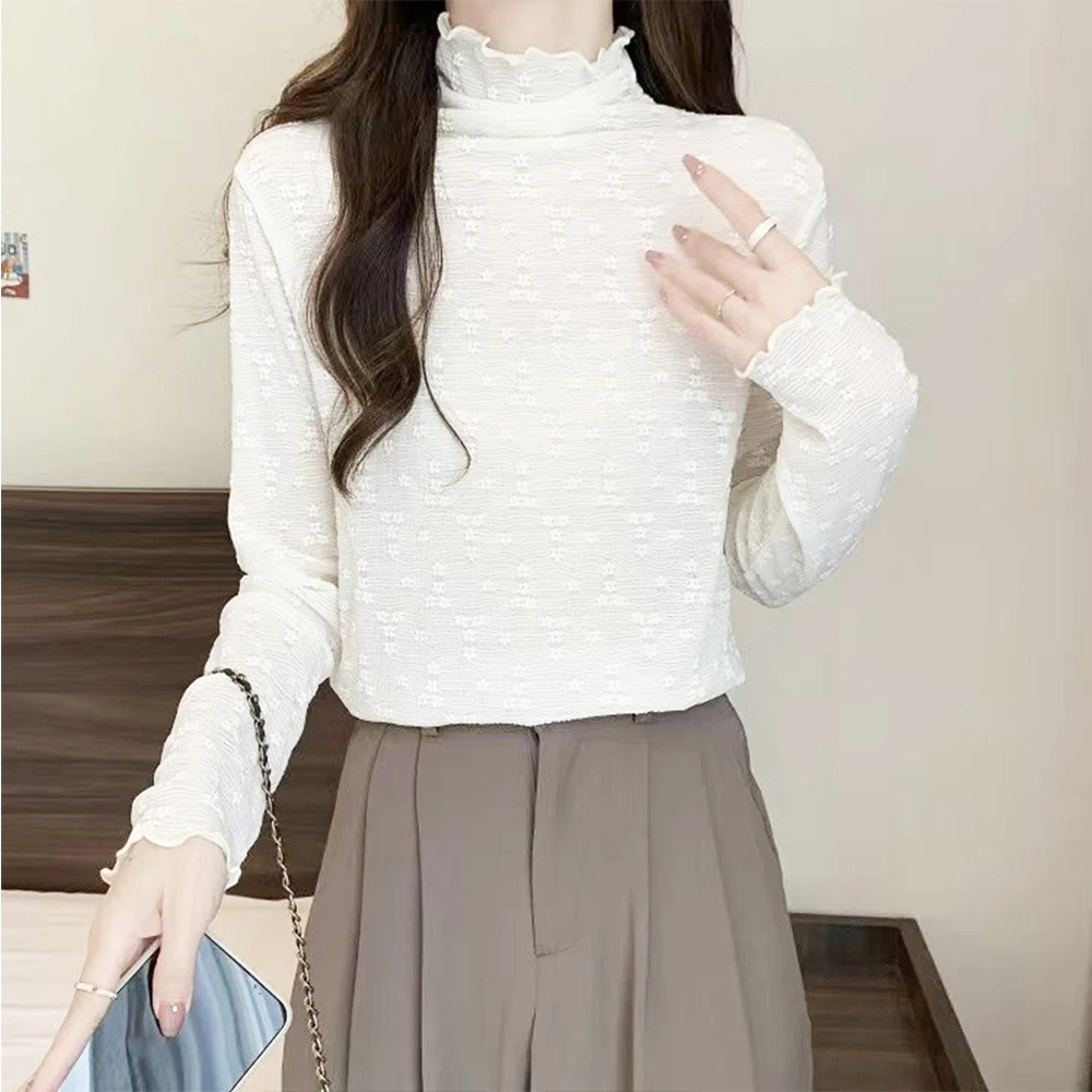 

Black Sexy Thin Style T Shirt Blouse Women Transparent Long Sleeve High Collar Thin Shirts Solid Lace Netting Tulle Elegant Tops