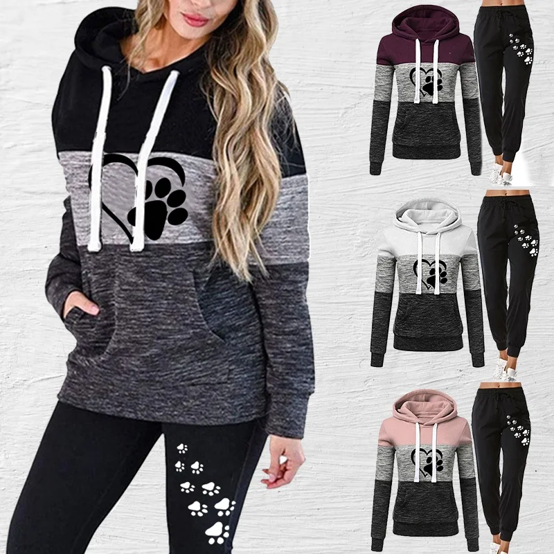 

New Women's Hoodies Trendy Cat Paw Printed Women Casual Three-color Stitching Sweatsuit Pullover Sweatshirt Pants Two-piece Set