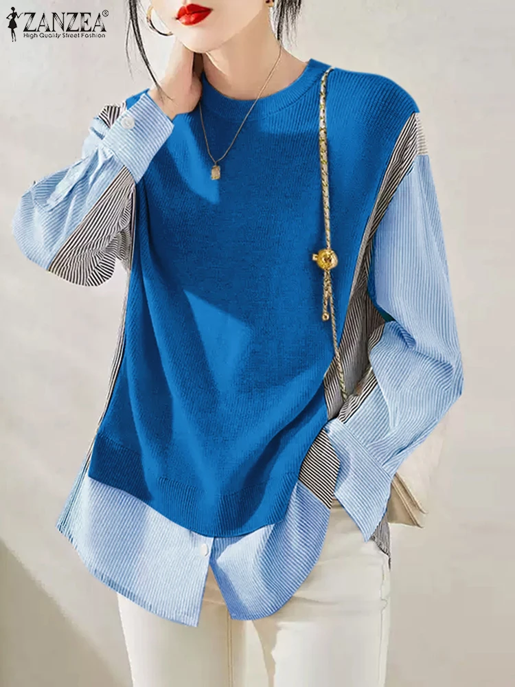 

ZANZEA Women Patchwork Tunics Chic Long Sleeve Tops Casual Loose O-Neck Colorblock T-shirts Vintage Stripes Splicing Knitted Top