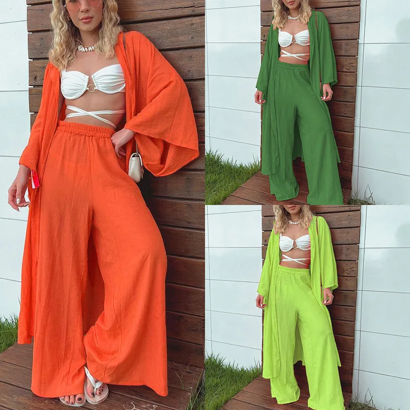 FD872 2023 Women's Summer New Casual Medium To Long Top Large Wide Leg Pants Two Piece Set