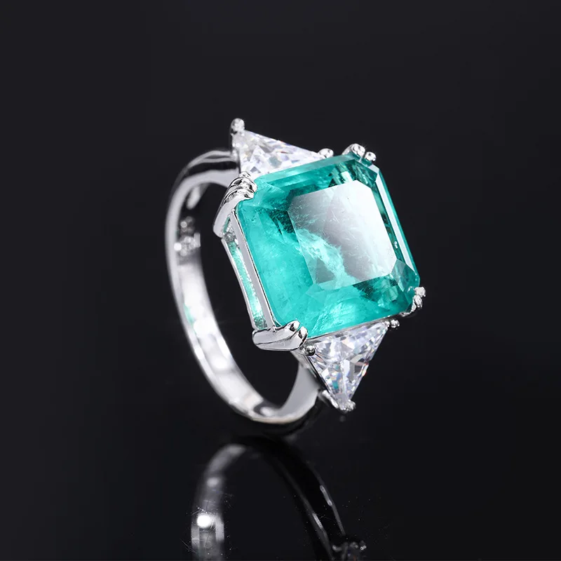Jewelry S925 Silver European and American Wood Zao Green Emerald Paraiba Women's Ring Square Shape