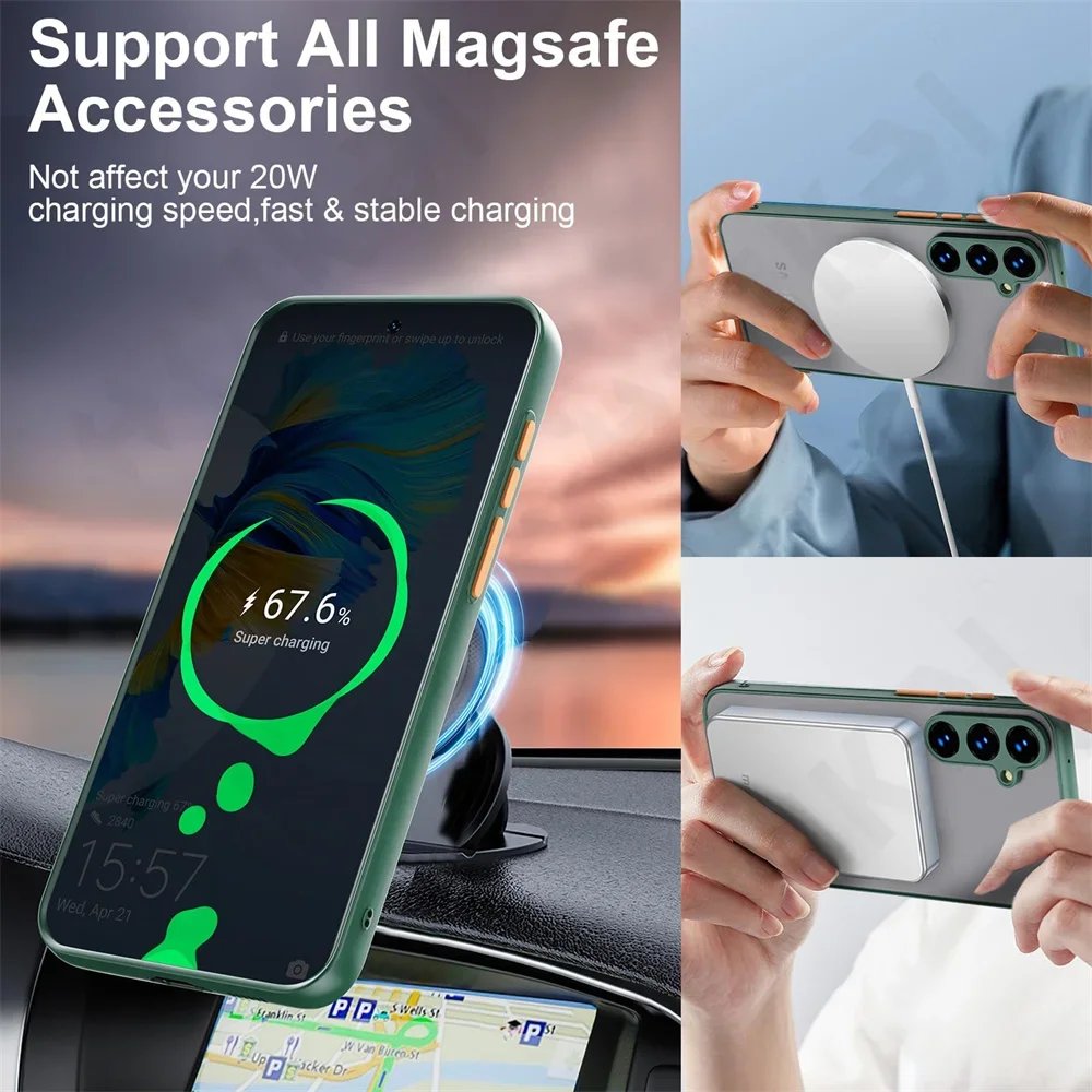 Luxury Magnetic Wireless Charge Magsafe Case For Samsung S24 S23 S22 S21 Ultra FE A55 A35 Soft Magnetic Bumper Shockproof Cover