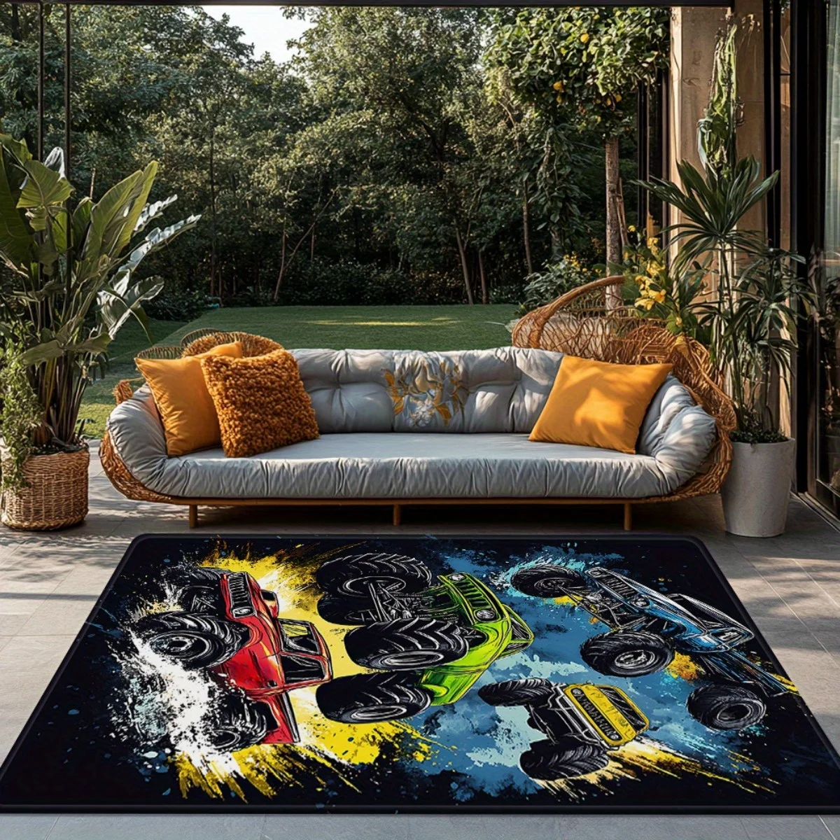 VIKAMA Monster Truck Area Rug,Non‑Slip Mat,Colorful Off‑Road Vehicle Print Carpet for Boys Bedroom Playroom Indoor Home Decor