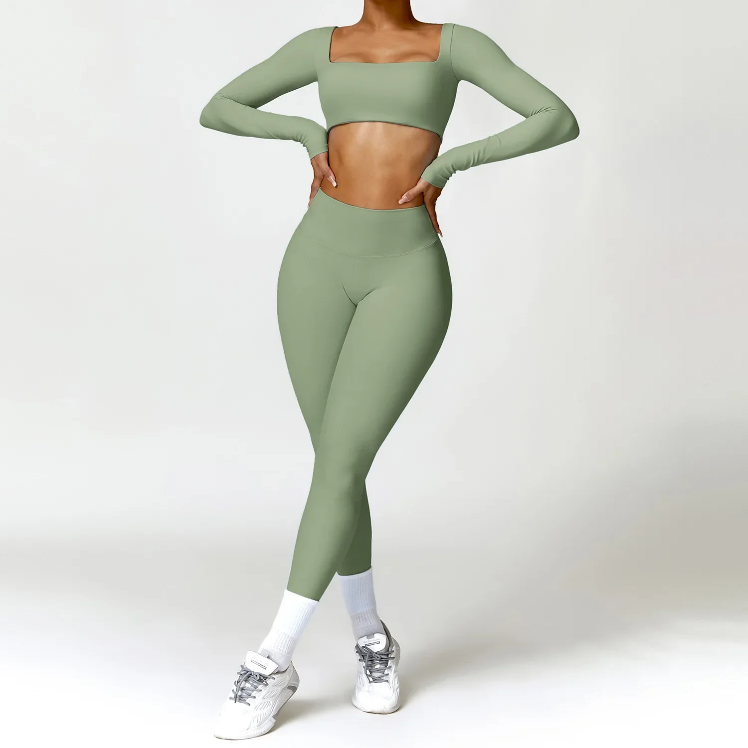 Yoga Set 2PCS Women Gym Long Sleeve Seamless Sportswear Workout Clothes Athletic Wear Legging Fitness Bra Crop Top Sports Suits