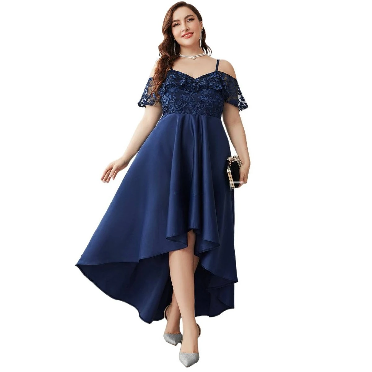 Chic V-neck Off Shoulderr Embroidery Satin High Low Party Plus Size Dress Dark Blue