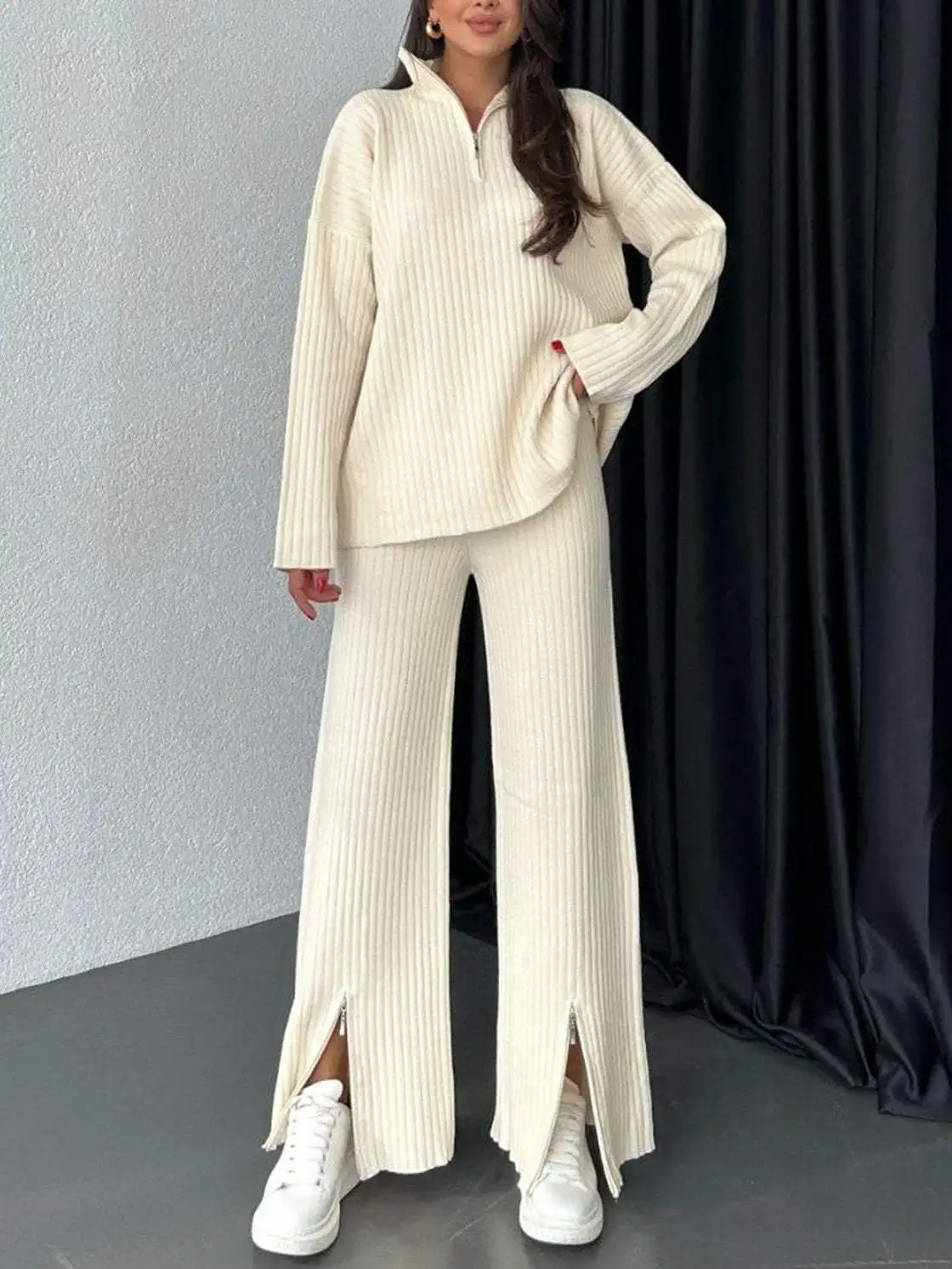 New Winter Women Zipper High Neck Ribbed Two Piece Set Casual Knit Pullover Sweater Warm Tops High Waist Split Wide Leg Trousers