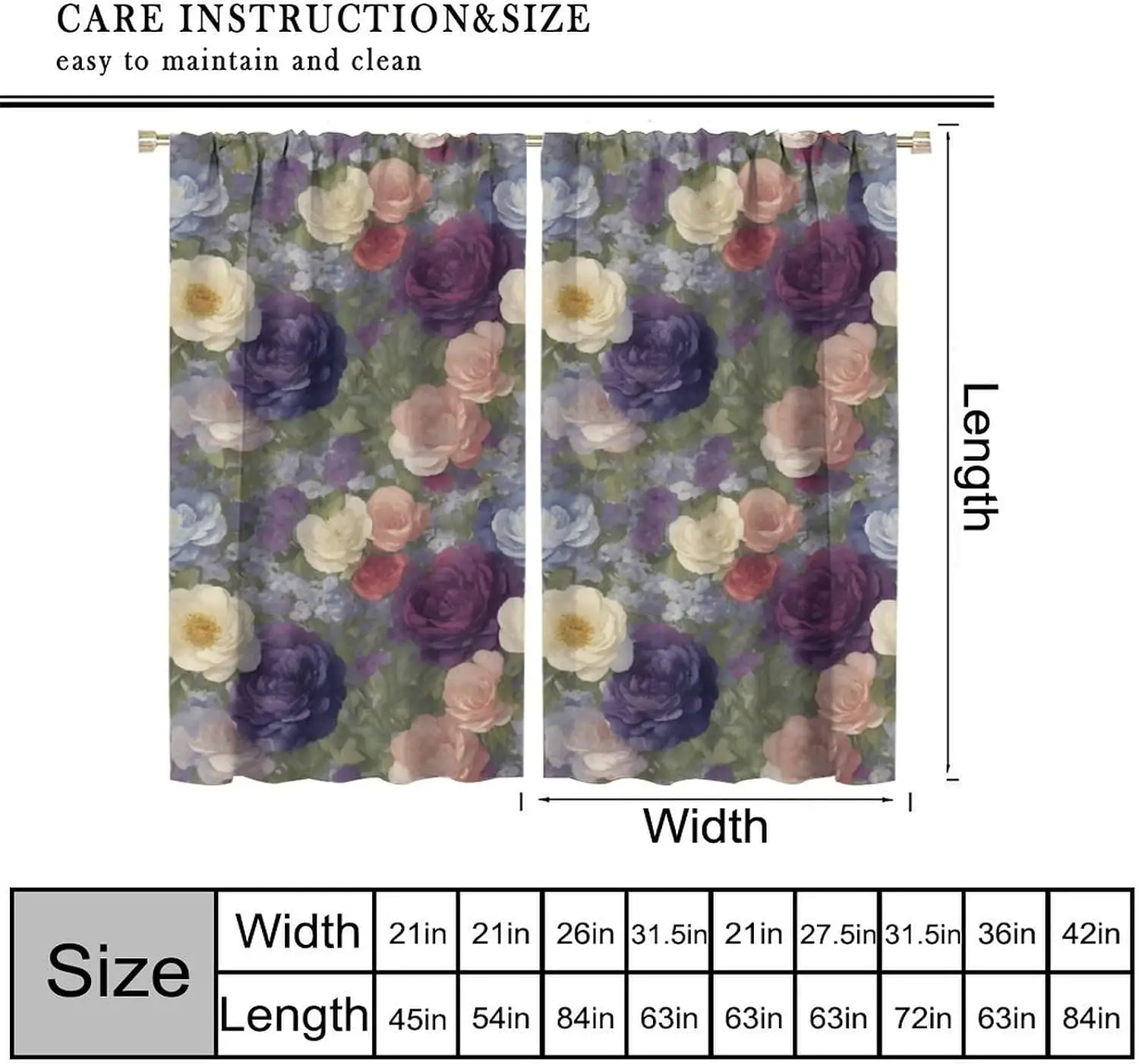 Elegant Floral Rose Pattern Curtains Pair Set Boho Cottage Window Drapes Purple Blue Romantic Bedroom Living Room Decor