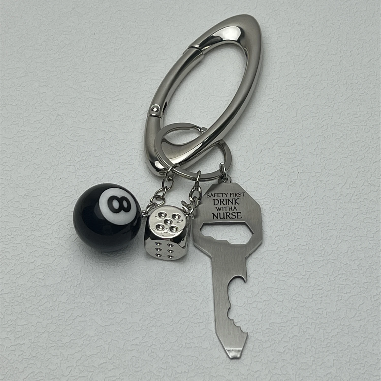 Fashion Women Men Metal ESSENTIAL ICON Carabiner Multifunctional Black No 8 Billiard Keychain Dice Beer bottle Opener Pendan