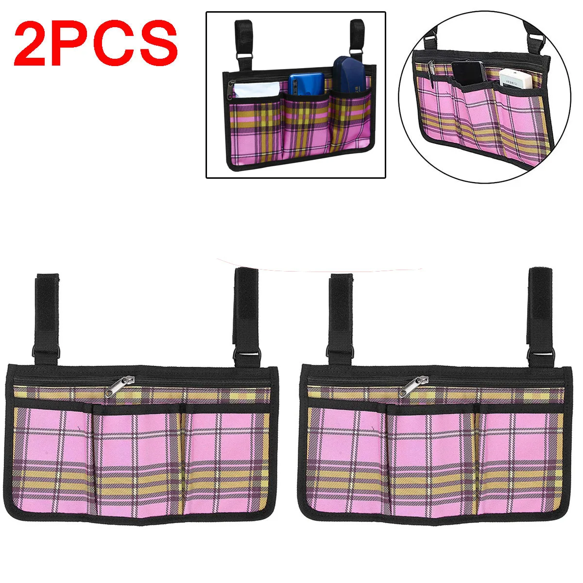 

2Pc Large Multifunctional Wheelchair Armrest Bag Waterproof Outdoor Storage Side Pouch with Reflective Strip Walker Pink Storage