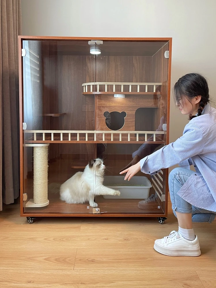 Solid wood luxury cat villa household cat cabinet with toilet integrated super large indoor cat house