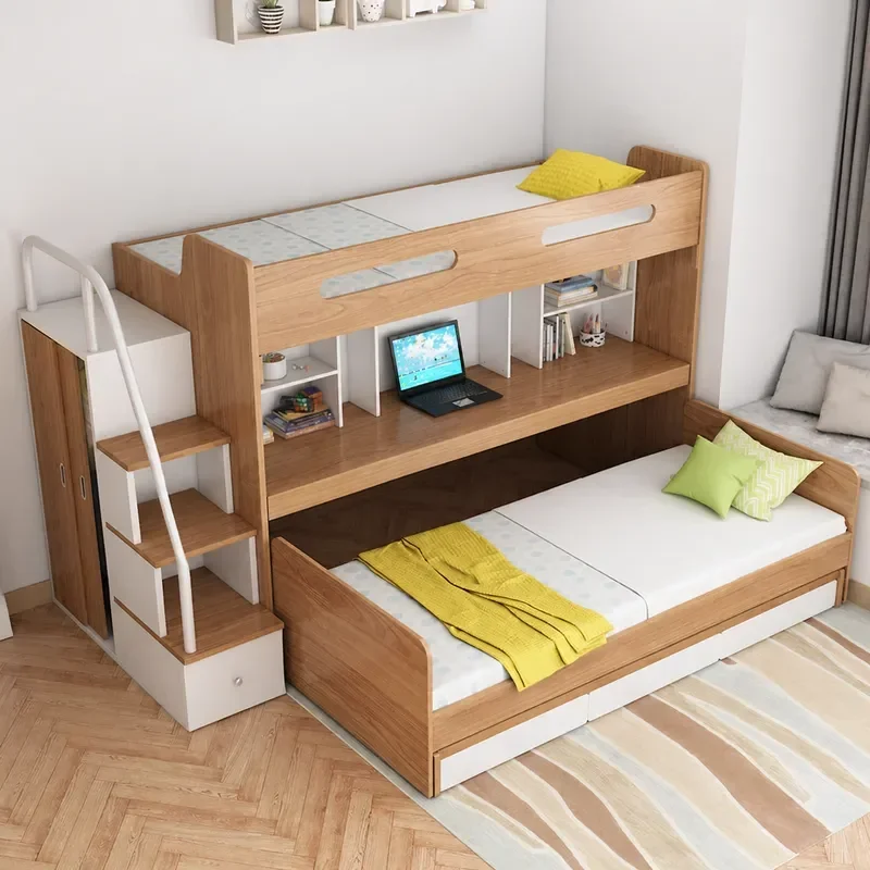 Nordic Style Bunk Beds with Desk Multifunctional High Low Bed Frame Space Saving Upper and Lower Beds for Bedroom