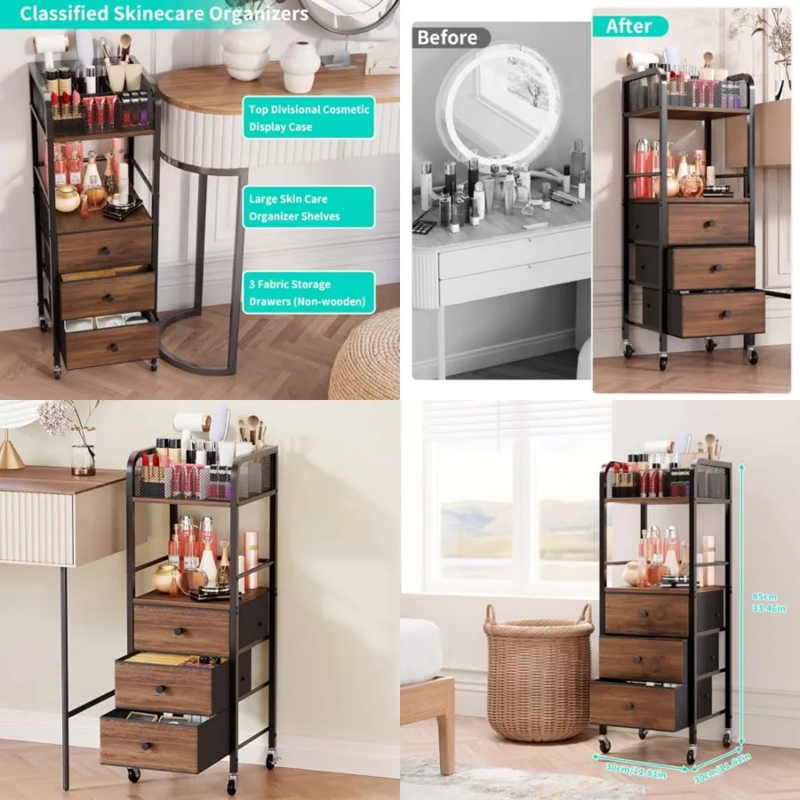

Rolling Makeup Cart Organizer - Floor Skincare Make Up Storage with 3 Non-woven Fabric Drawers, Vanity Organizer Cosmetic Displ