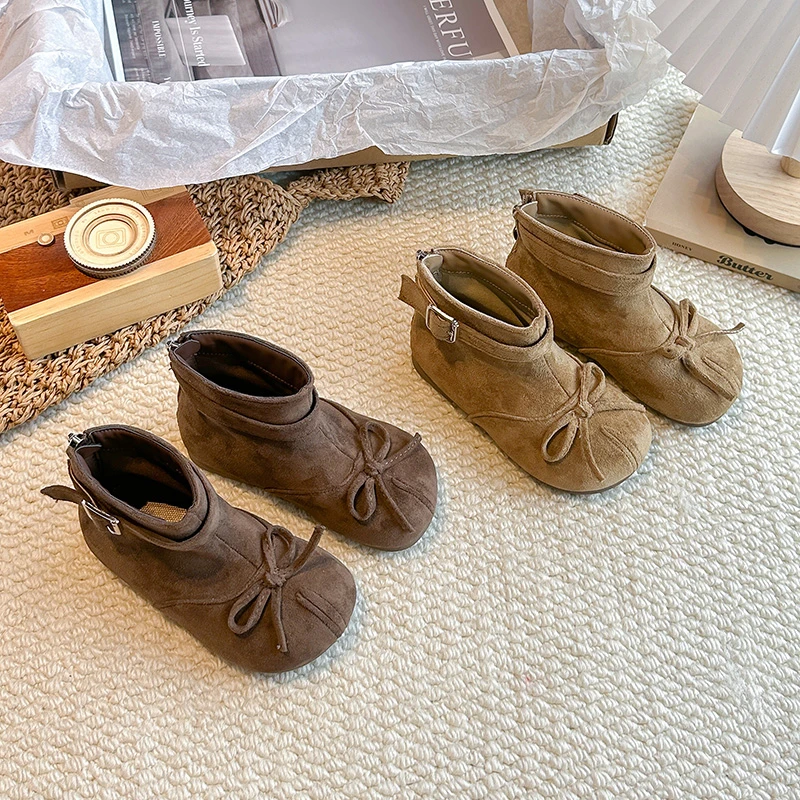 Kids Short Boots with Simple Bows Girls Princess Fashion Boots Back Zipper 2026 Autumn New Children Casual Boots Versatile Soft