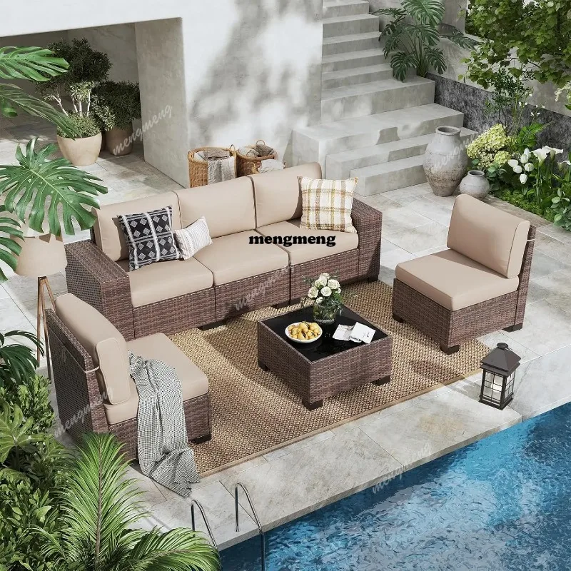 6 Piece Patio Furniture Set, Outdoor Furniture with Thick Cushions, Black Wicker Conversation Set Sectional Sofa, Customized