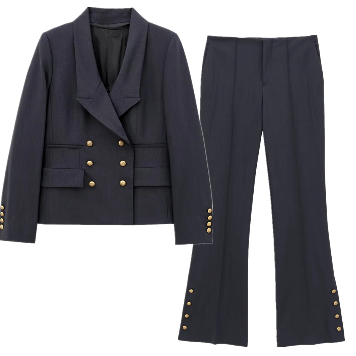 

Jenny&Dave Minimalist Women's Suit Set British Fashion Gold Double Breasted Navy Blue Suit Pants Two Pieces Set Women