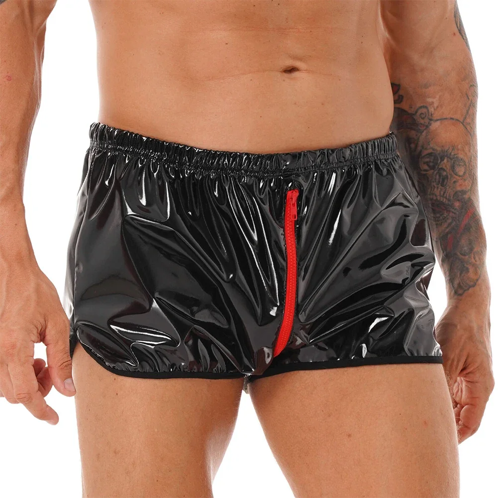 Men\'s Wet Look Faux Leather Boxer Briefs Trunks, Zip Shorts Underwear, Black Color, Asian Sizes M~4XL, Please Check Measurements