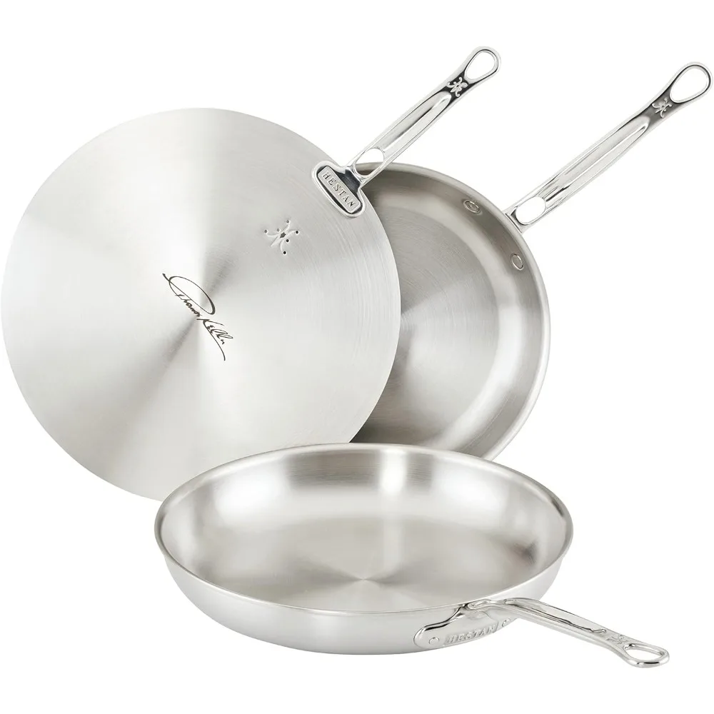 Stainless Steel Frying Pans with Universal Lid, Set of Two, 11 & 12.5-inches