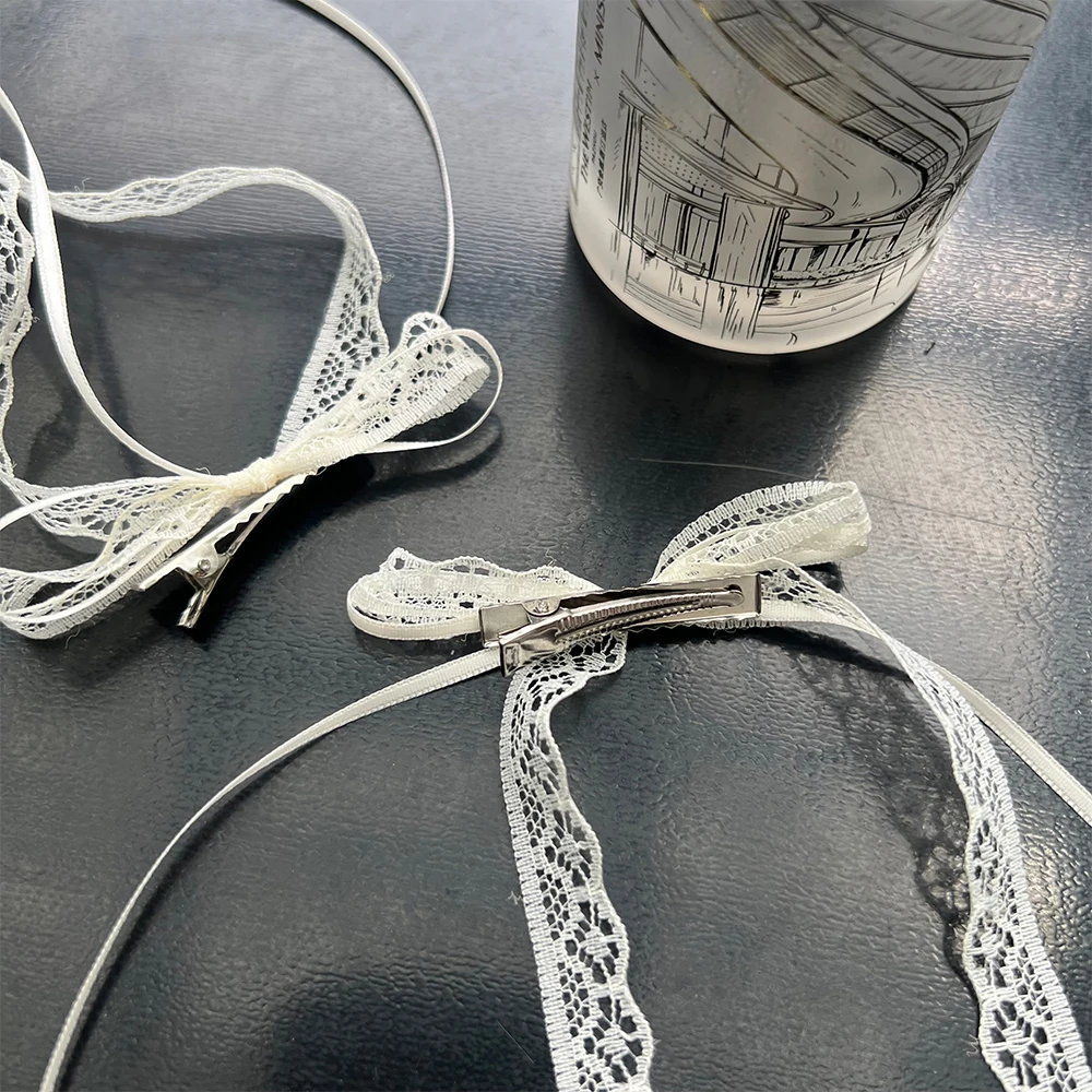 Mode Y2K Spitze Creme Weiß Schleife Band Haarspange für Frauen Haarnadeln Bullet Style Side Shredded Haarnadel Kopfschmuck Clip Kopfbedeckung – Detail 10