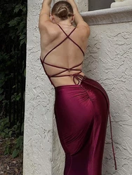 Evening Party Dresses For Women Fashion Sexy Club Solid V-Neck Sleeveless Spaghetti Bandage Hip Wrap Long Vestidos Robes Female