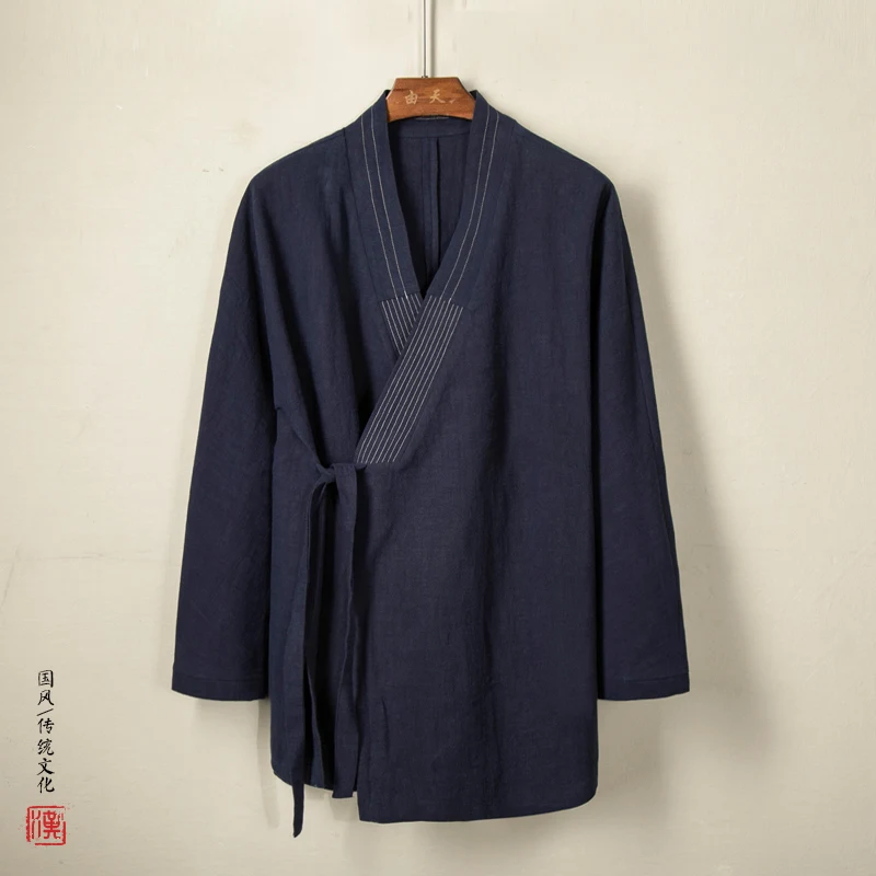 2023 Men\'s Chinese Style Linen Cardigan Jacket Loose Black Kimono Jacket Solid Color Self-Tie Hanfu Traditional Clothing 4Xl