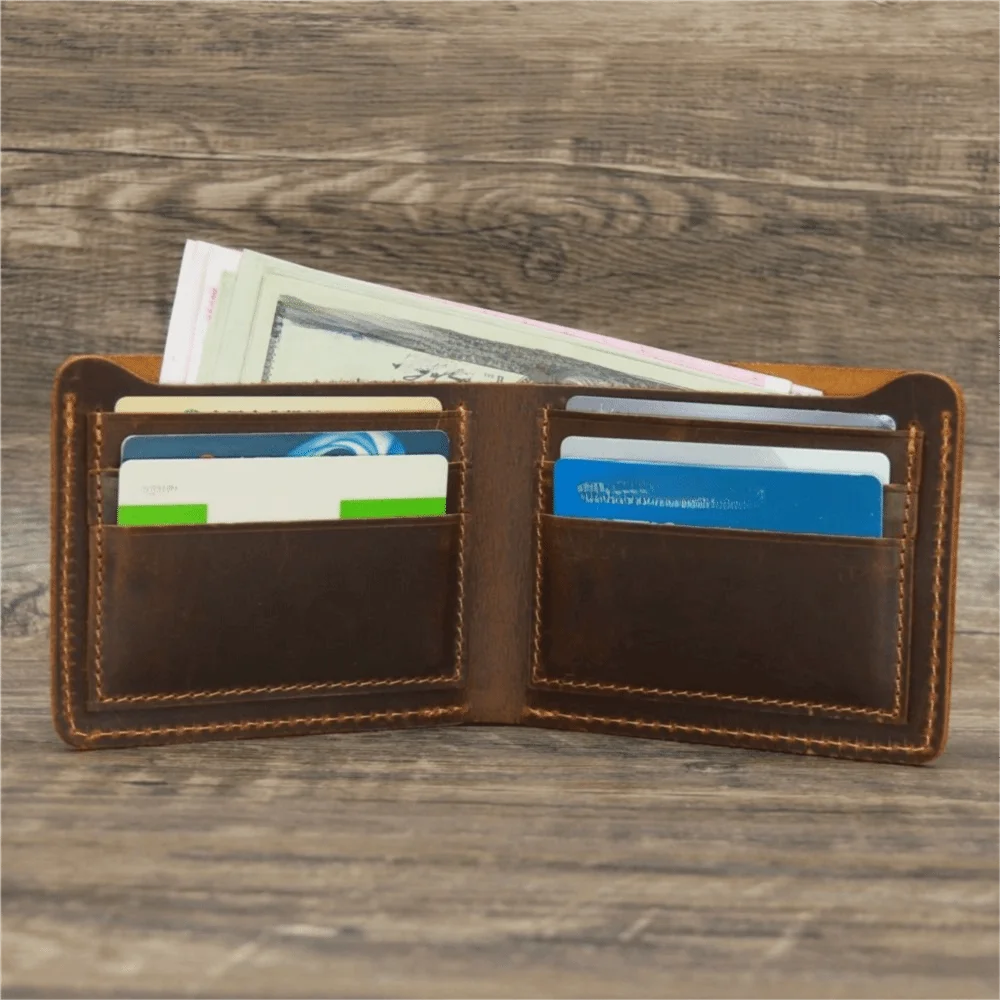 Vintage Bifold Design Men Genuine Leather Wallet Retro Minimalist Coin Purse Short Style Lightweight Male Purse Outdoor