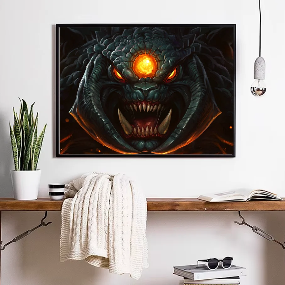 3D Dark Fantasy Monster Demon Poster Canvas Print Glowing Orange Eye Sharp Fangs Home Decor Living Room Bedroom
