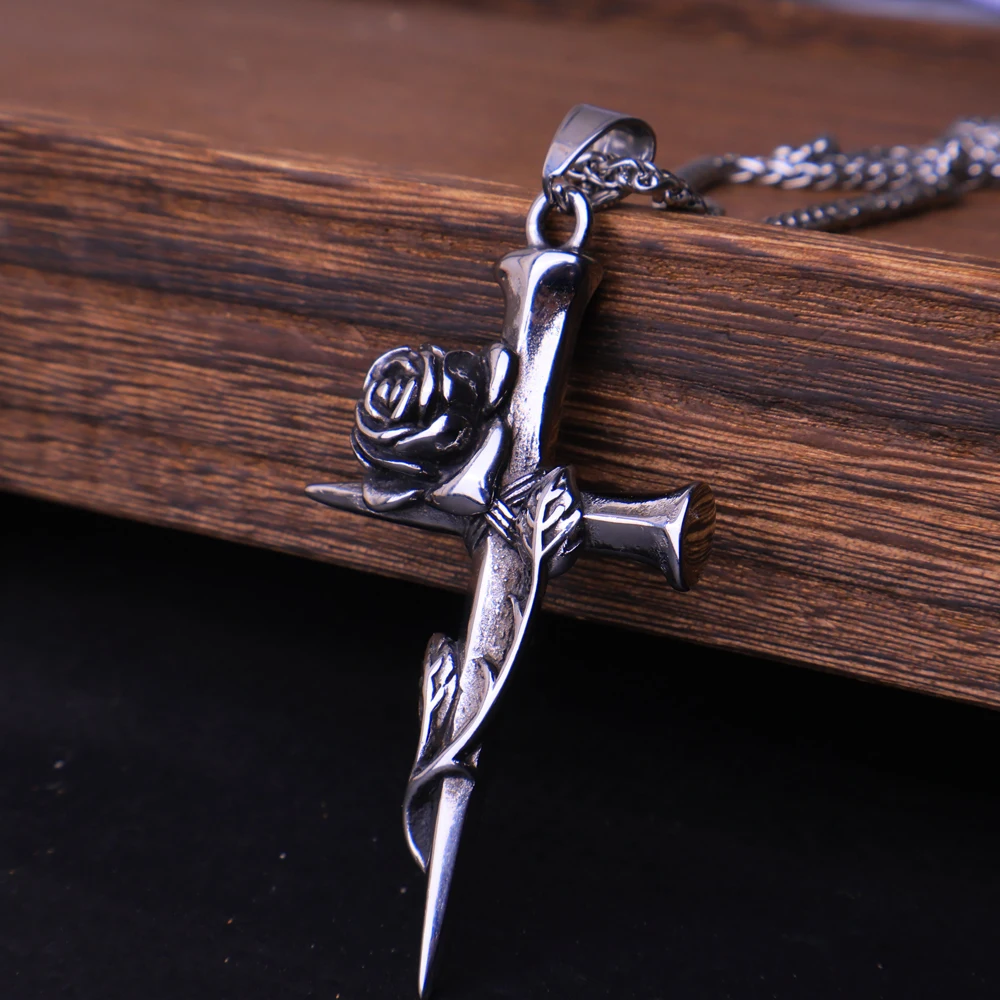 New Arrival 316L Stainless Steel Nail Cross Rose Pendant Necklace High Polished Men's Pendant Romantic Jewelry Gift Wholesale