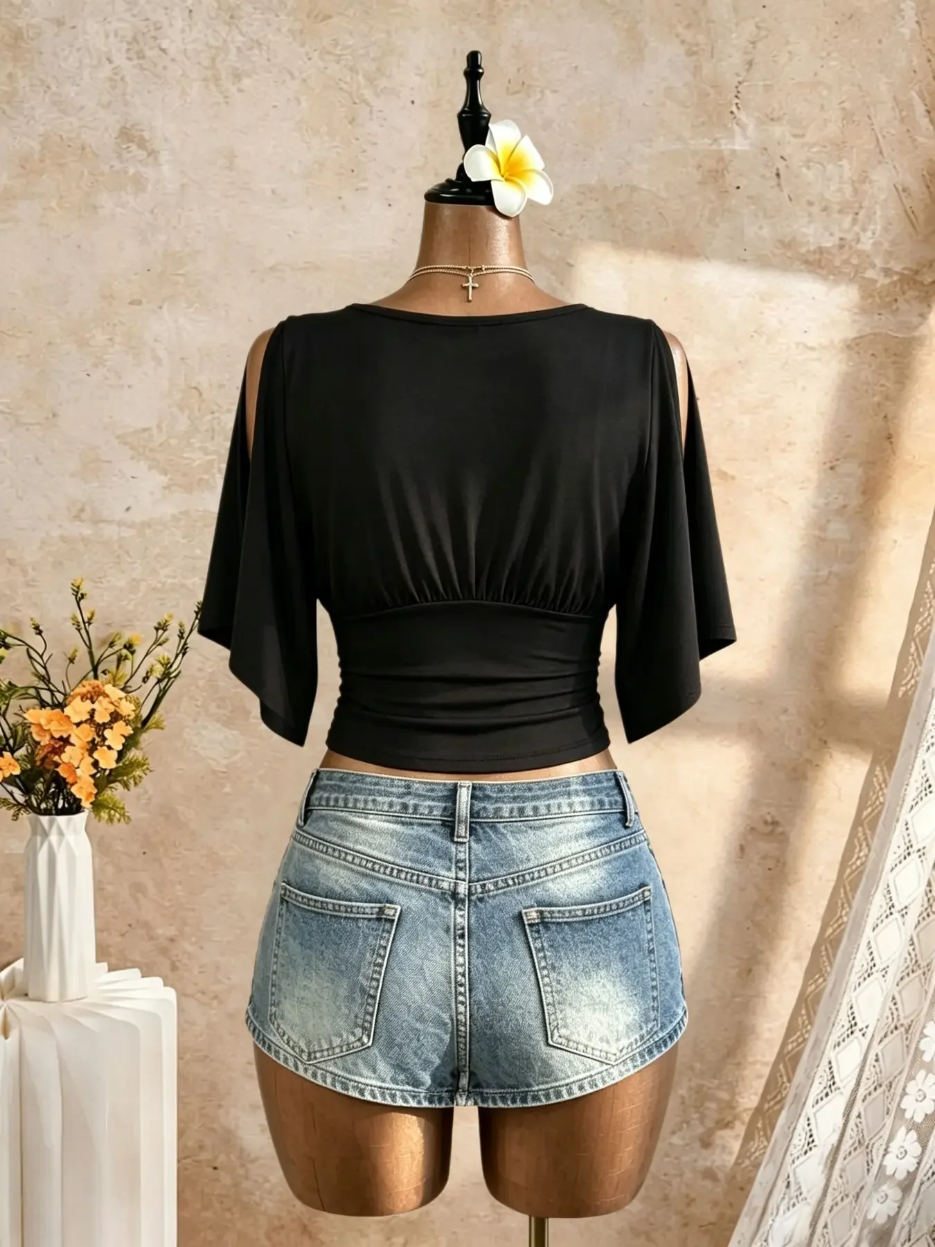 Women Deep V Neck Cold Shoulder Flutter Sleeve Crop Top Waist Ruched Slim Fit Short Sleeve Cropped Blouse Ladies Casual Fitted T