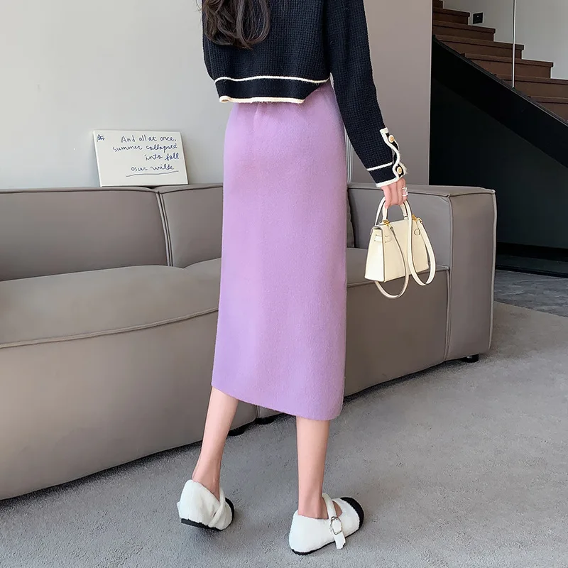 Mid- Knitted Women's Sweater with High Waist Straight Half-Length Wool Pink Figure Flattering Office Lady Sheath Skirt