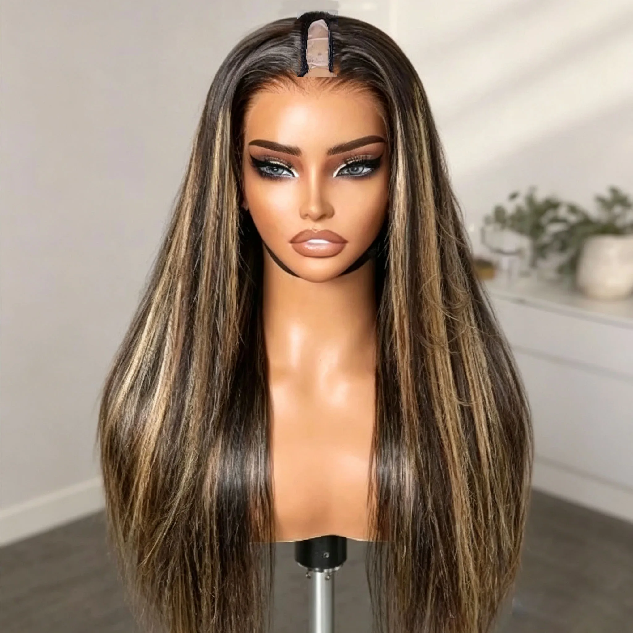 Honey Blonde Balayage Highlight Silky Straight Remy Indian Human Hair 1x4 U Part Wig for Women Middle/Left/Right  V Part Options