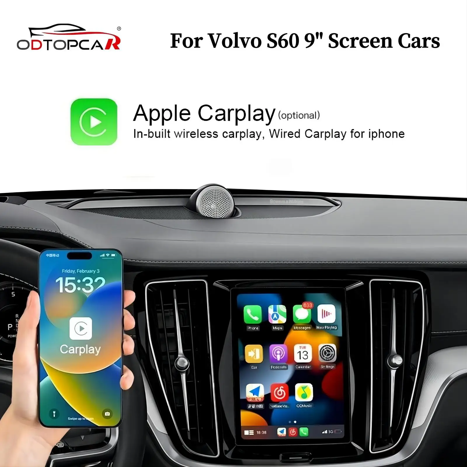 

Apple Carplay Wireless Adapter for Volvo S60 Upgrade Full Screen Android Auto 9 inch Touch Screen Android 13 System Car Ai Box