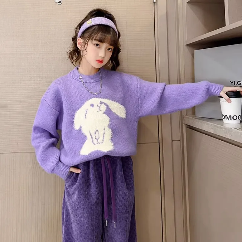 3-14 Years Old Girl Sweater Cartoon Rabbit Pattern Casual Fashionable Purple Sweater Sweater Korean Style Girls Winter Clothes