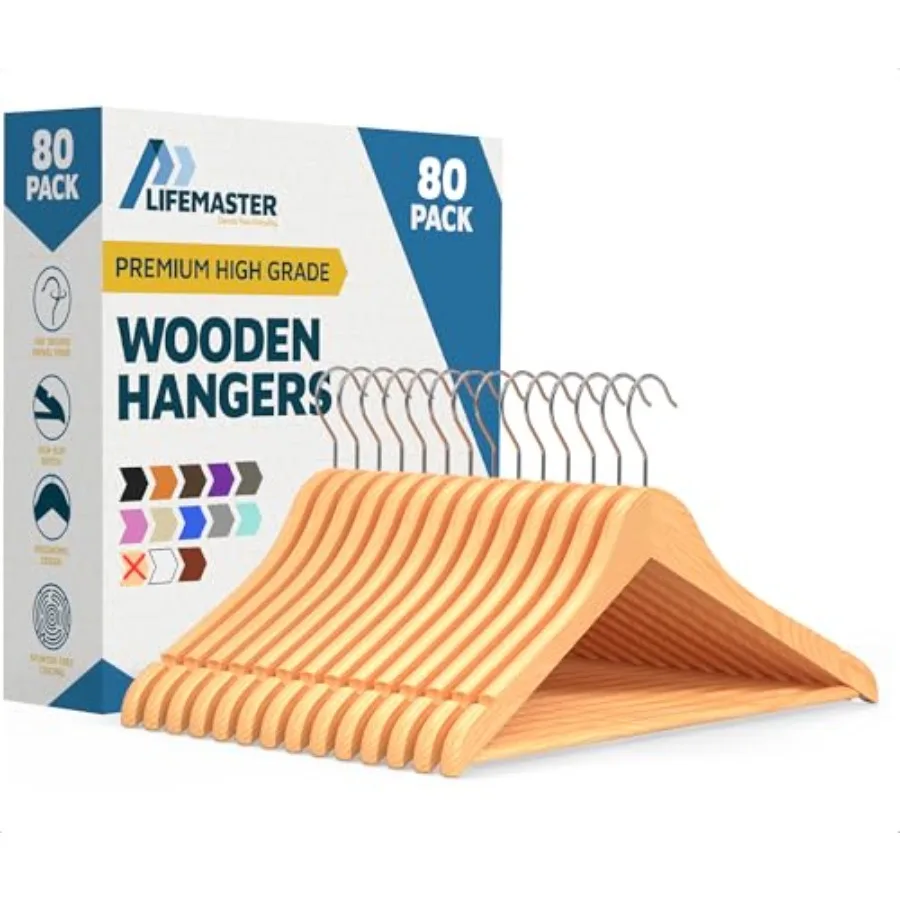 

Набор деревянных вешалок - 80 штук, нескользящие, универсальные, экономящие место в шкафу, для костюмов, пальто, майок, курток, брюк и платьев