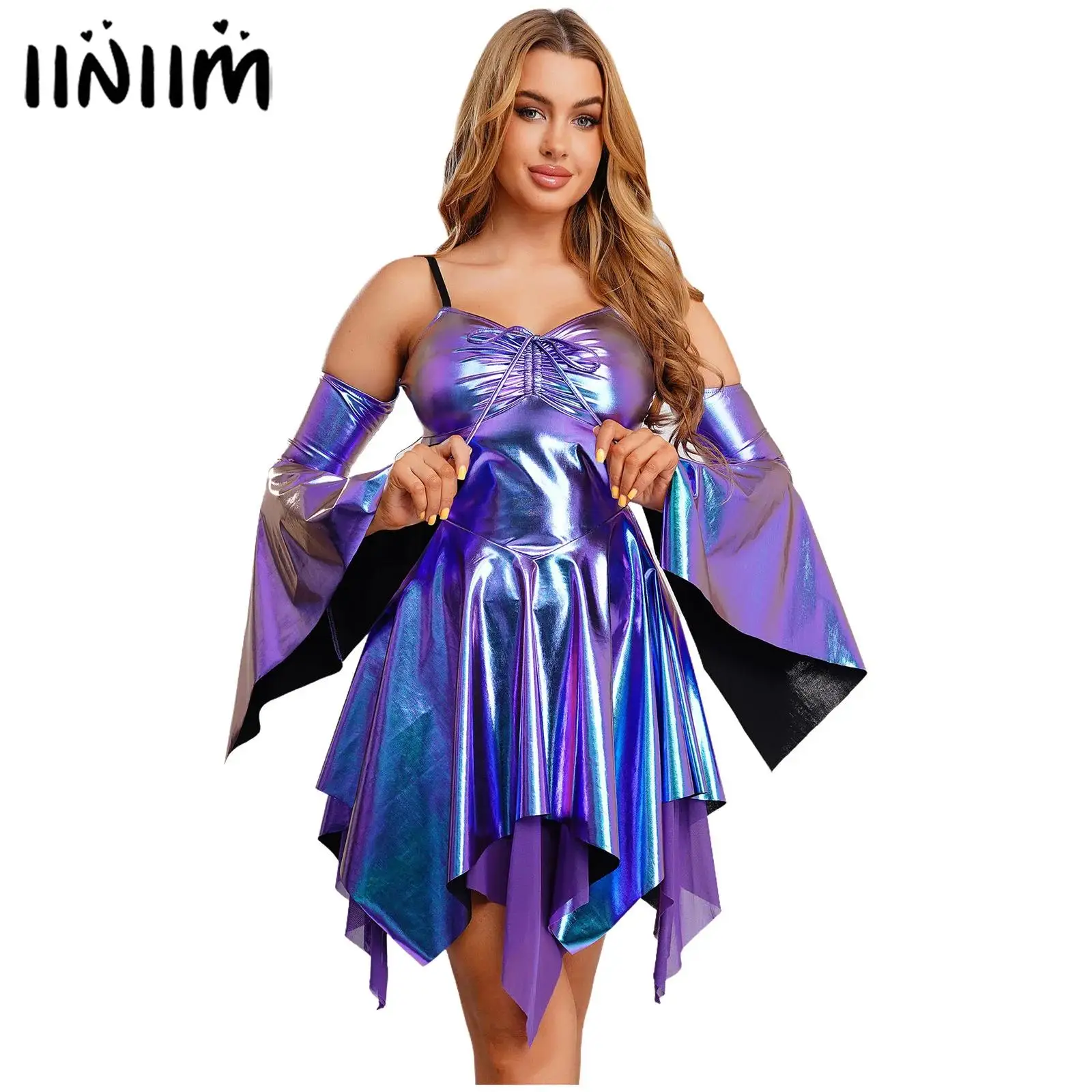 فستان نسائي لامع غير متماثل بكتف بارد وأكمام طويلة مع أصفاد واسعة ورباط على الصدر فستان كامي بحاشية غير منتظمة #1