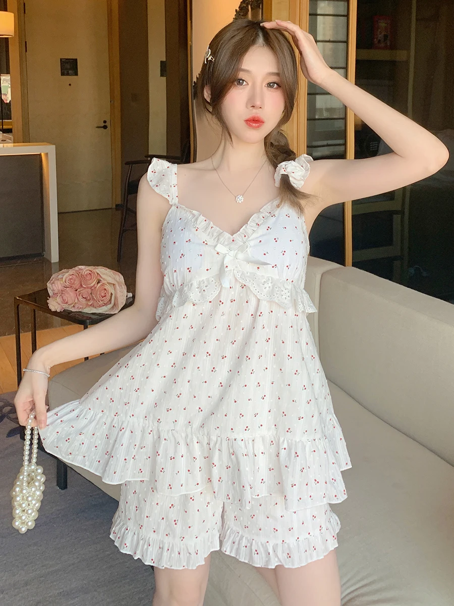 

Japanese retro floral cotton pajamas women's summer sexy sling homewear set with chest pad