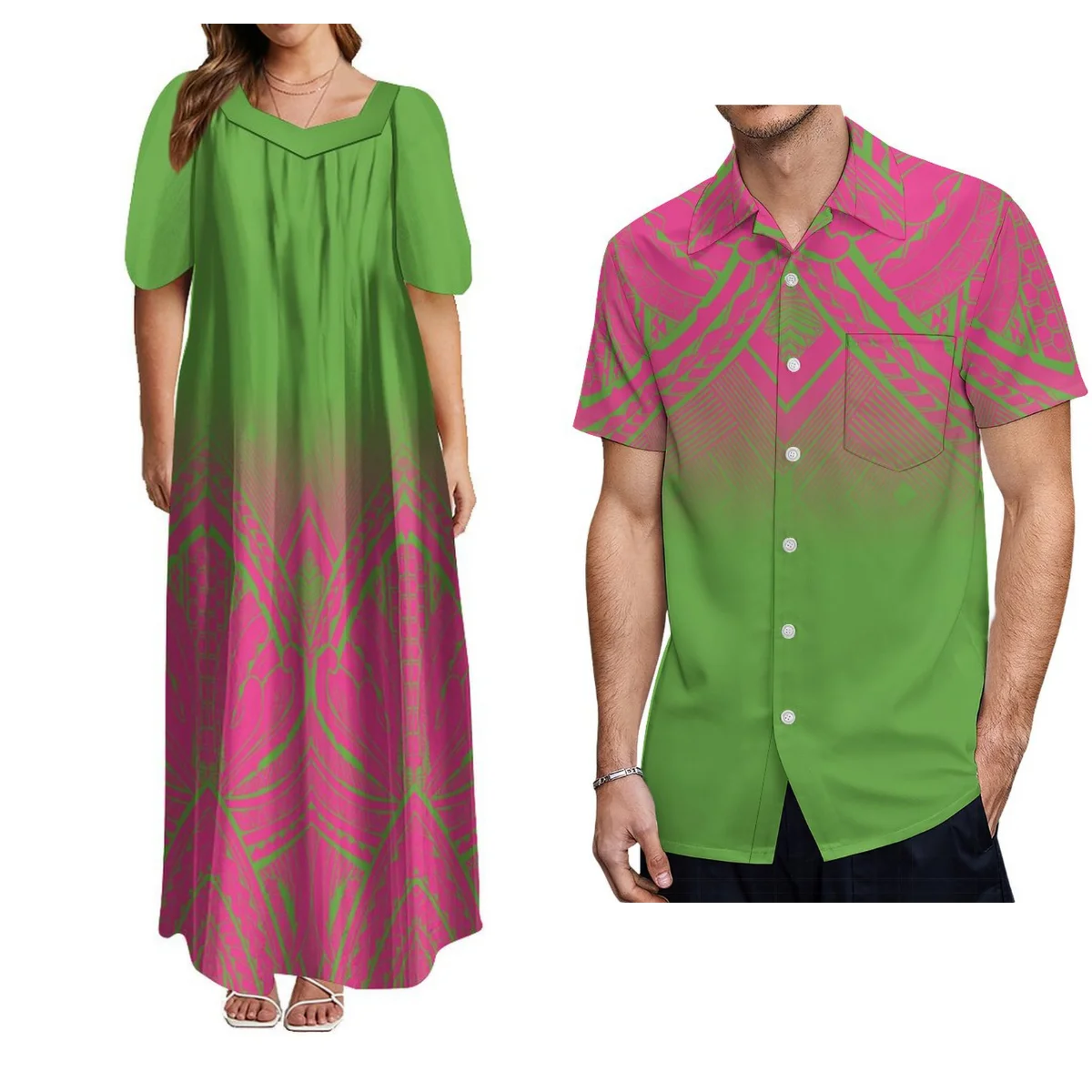 Newly Designed Polynesian Tribal Couple Suit Big Man Short Sleeve Dress For Women And Aloha Shirt For Men