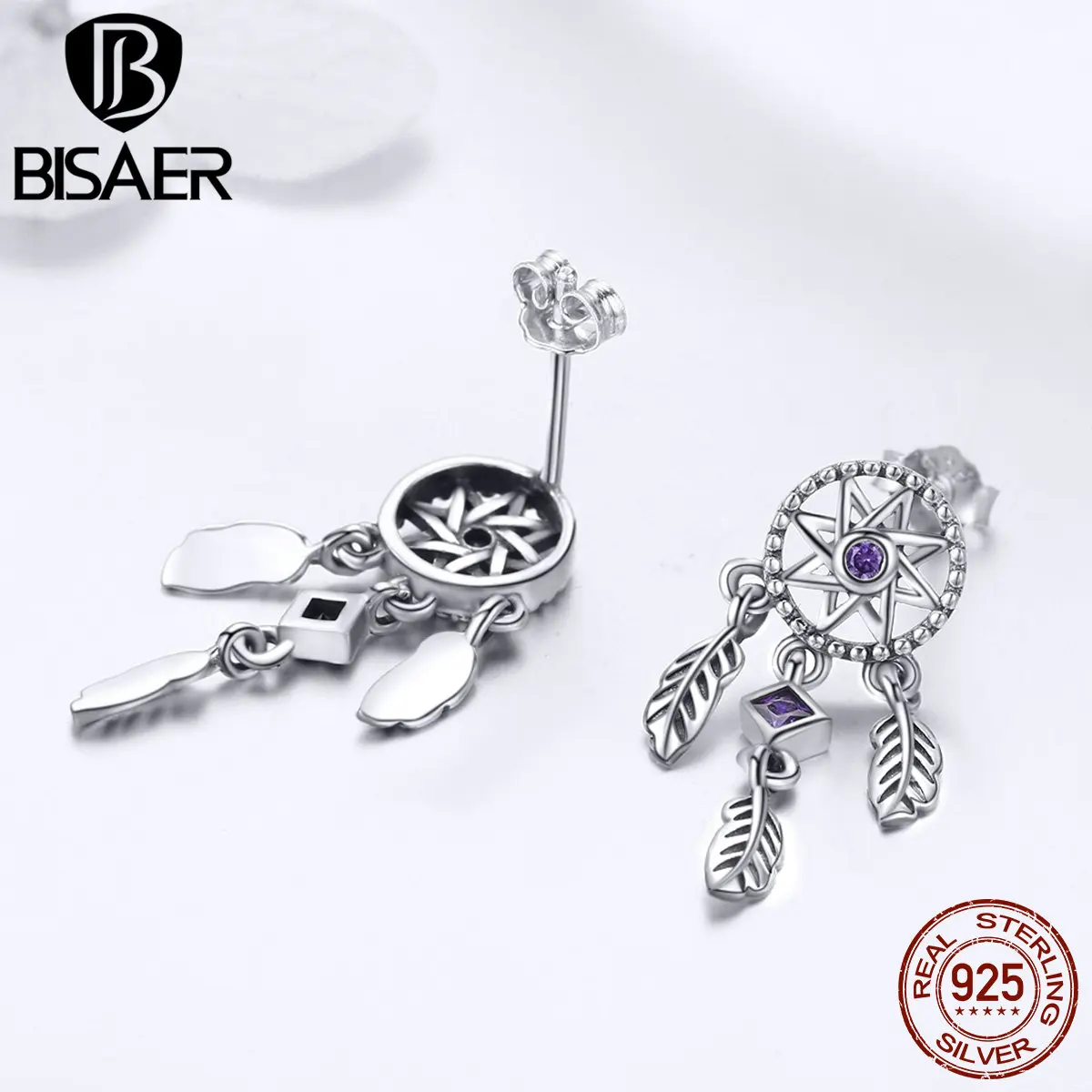 BISAER Hot Sale 925 Sterling Silver Dream Catcher Stud Earrings For Women Vintage Feathers Fashion Earrings Jewelry ECE502 image 5