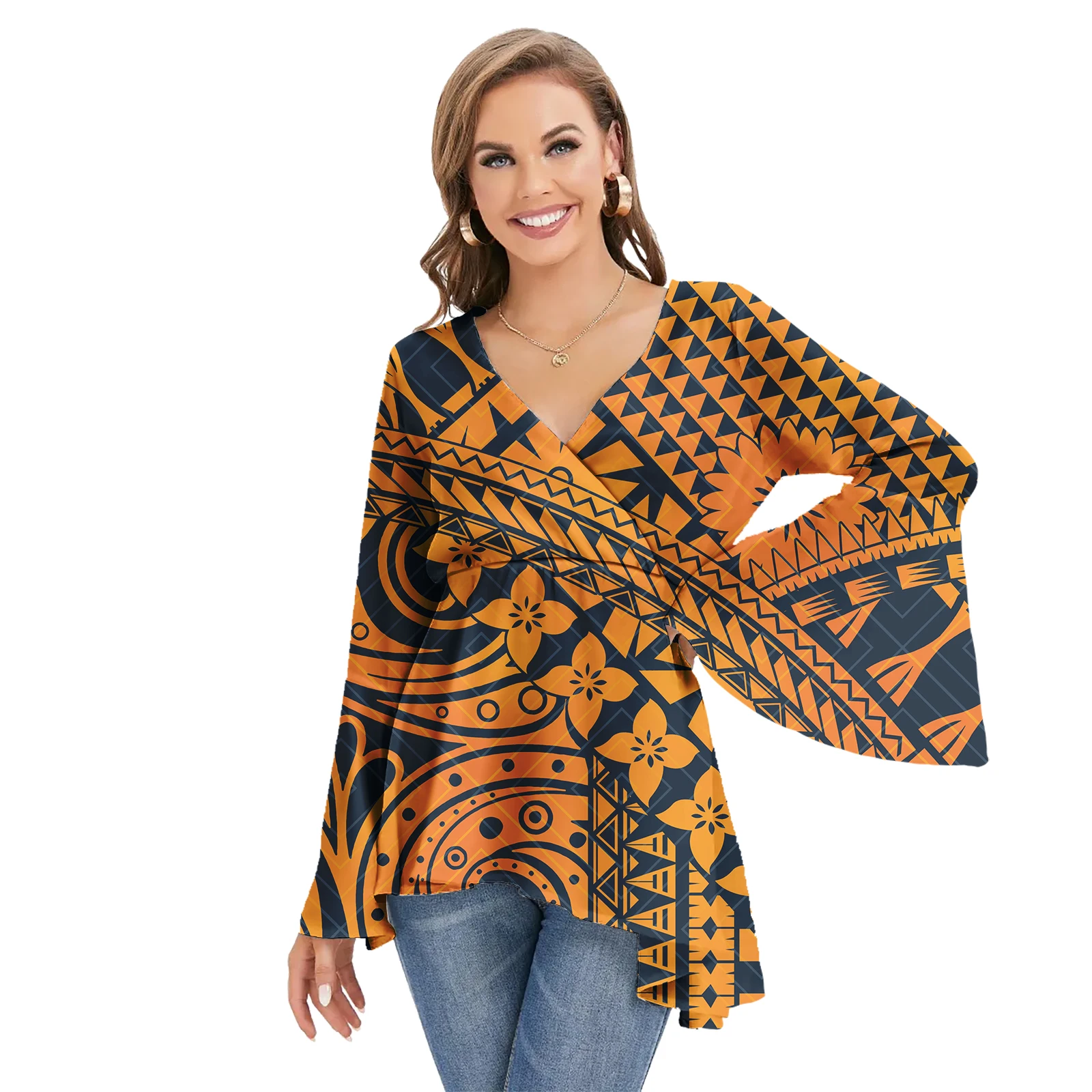 Wholesale Samoan Style Polynesian Tribal Women Long Sleeve Floral Printed Shirts Custom Women Summer T-shirts Blouse