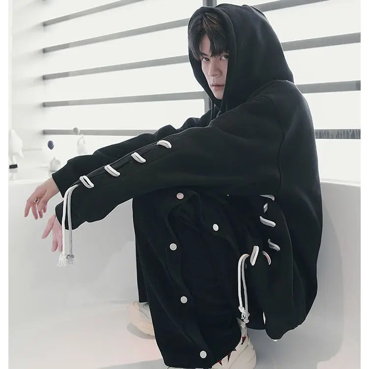 Men\'s wear design, rope wearing design, hooded sweater, trendy Korean version, loose casual coat, spring and autumn