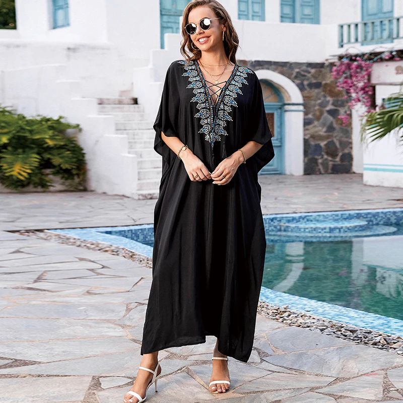 Embroidered Chic Black Kaftan Summer Breeze Flowing Resortwear Effortless Glamour Night Dress Blue Floral Detailing Caftan Boho