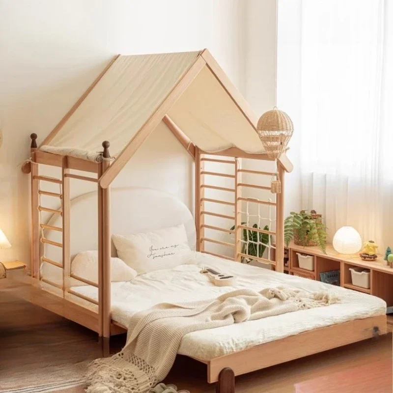 Children's bed All solid wood with guardrail Boys and girls retractable pull-out bed Children's room tent bed