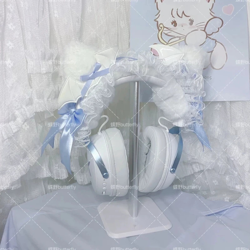 Pink White Devil Meow Head Mounted Headphone Case Customization Cute Headphone Storage Rack Desktop Display Stand Accessories view 6